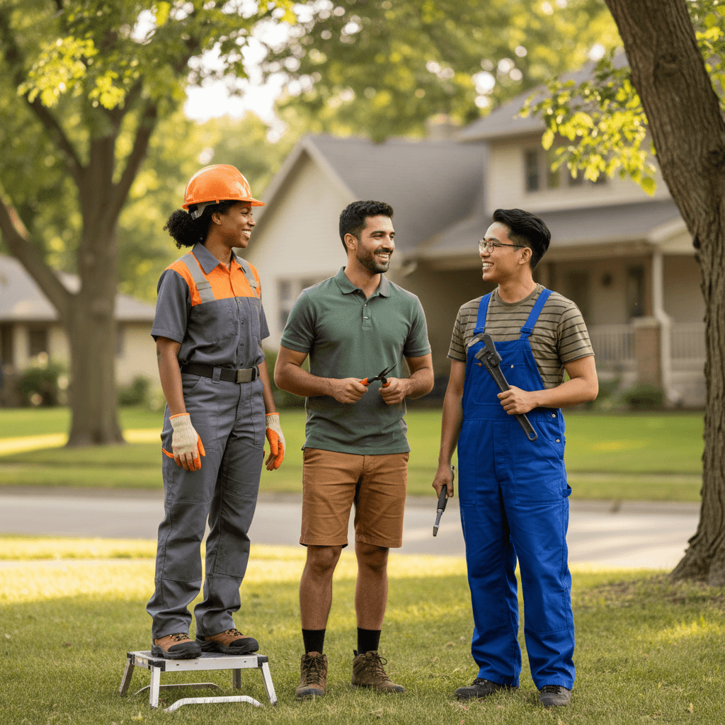 Diverse group of local service professionals standing together