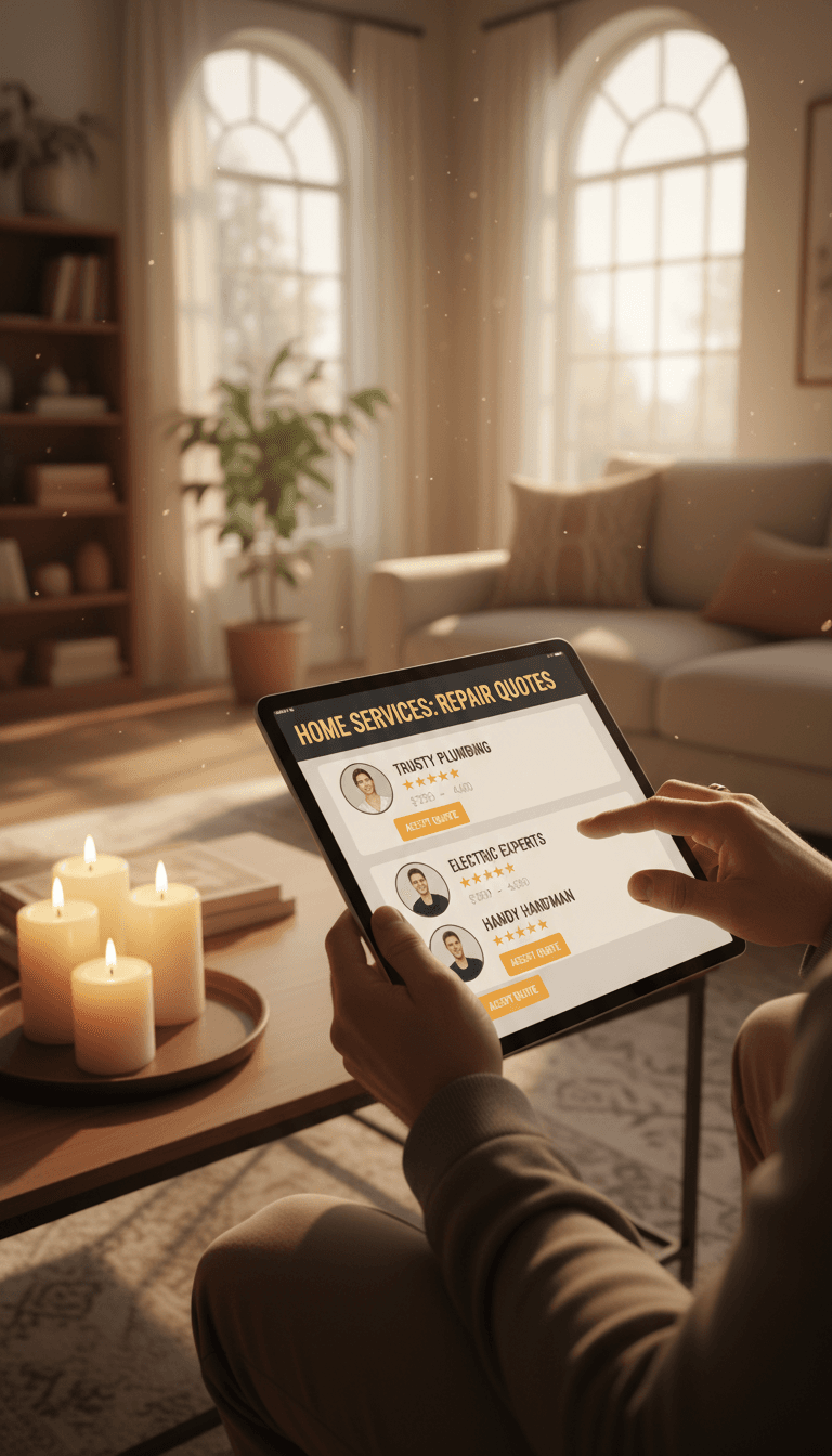 Homeowner reviewing service quotes on tablet