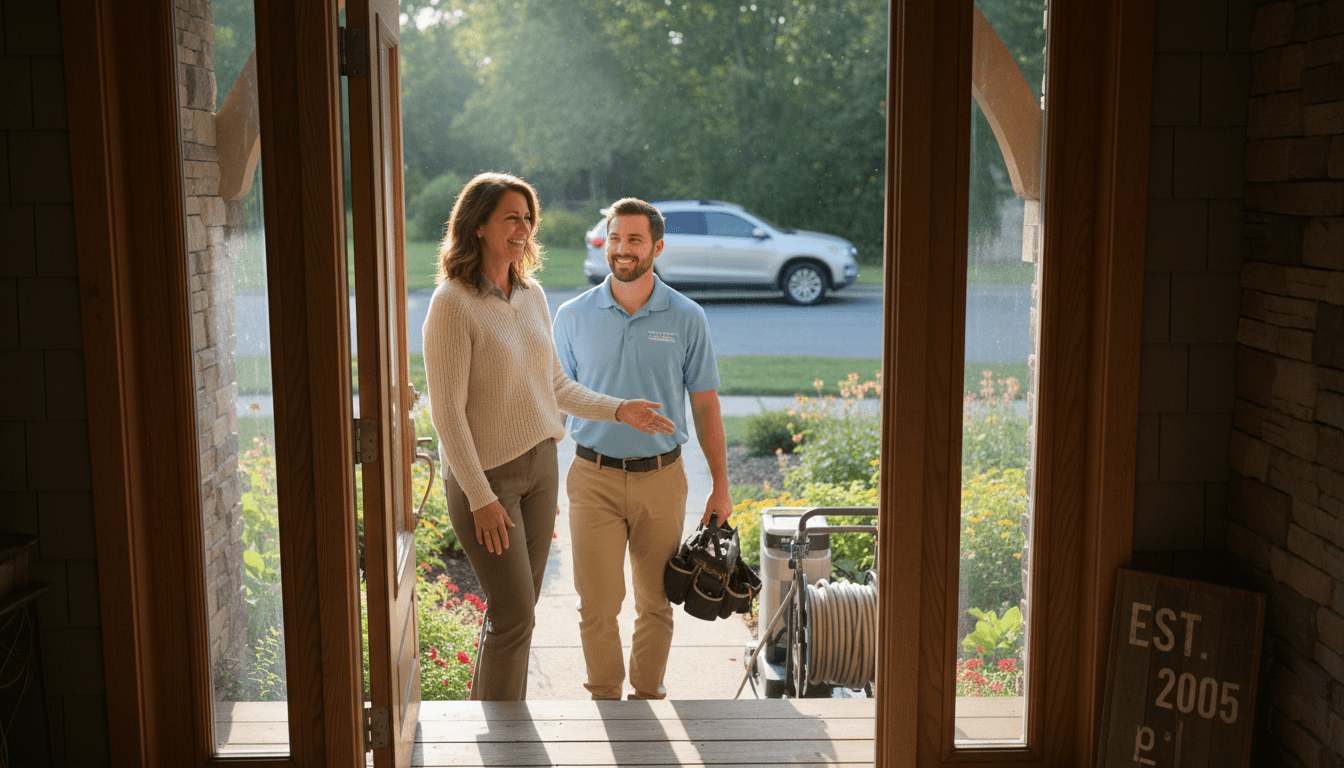 Michigan homeowner welcoming a trusted local service professional at their front door