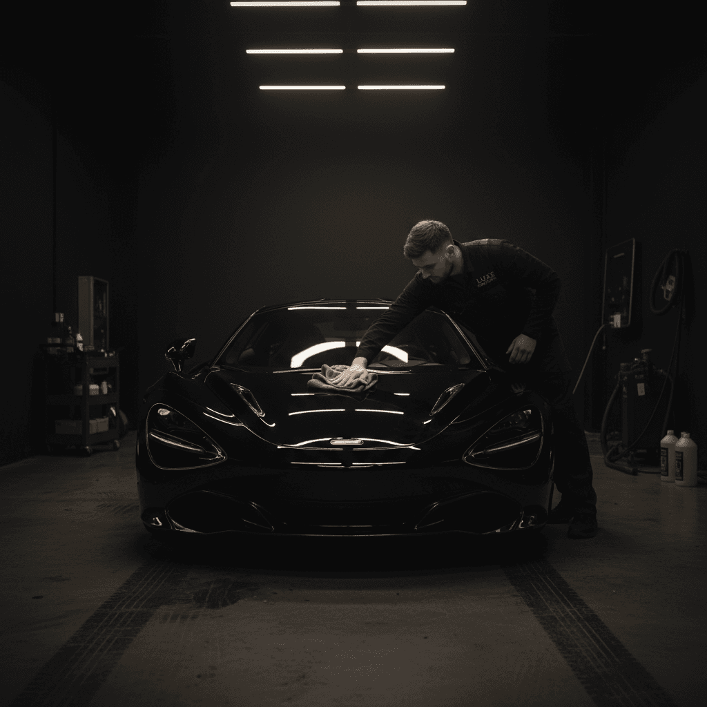 Professional detailer polishing car hood under spotlight