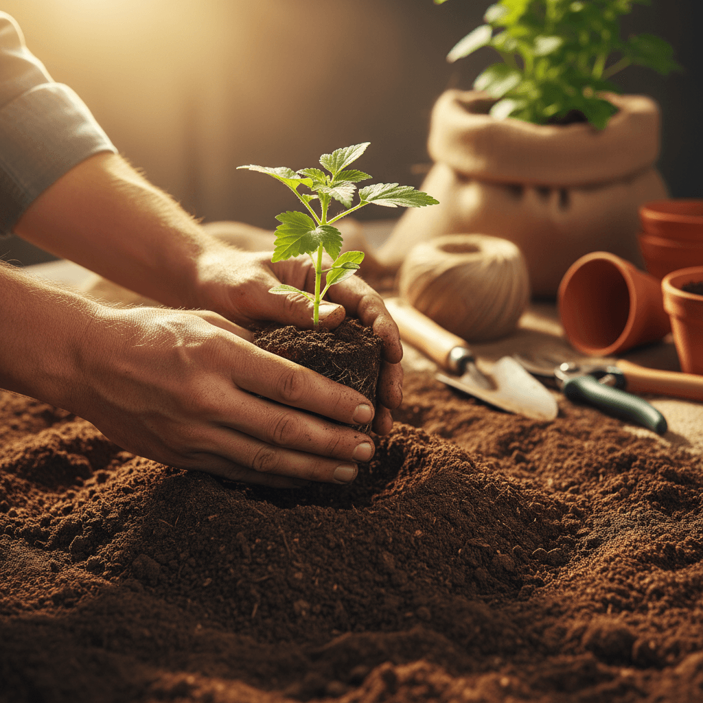 Landscaper planting with hands in rich garden soil
